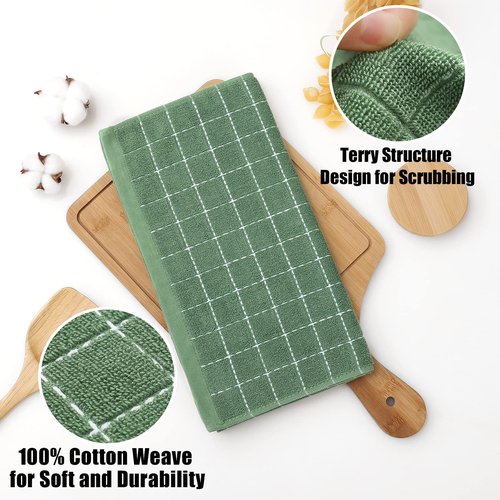 Homaxy 100% Cotton Terry Kitchen Dish Cloths, Ultra Soft and Absorbent Dish Towels for Kitchen, Suitable for Drying and Washing Dishes, 6 Pack, 12 x 12 Inches, Grass Green