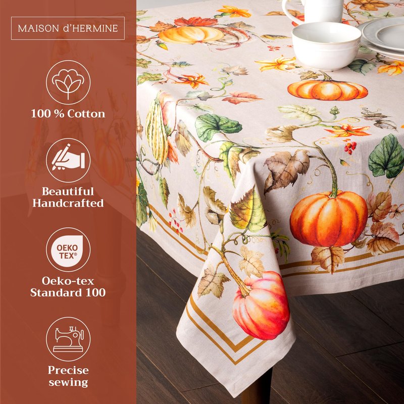 Maison d' Hermine Table Cloth Square Table 100% Cotton 54 x 54 Inches Fall Tablecloth Reusable Everyday Use for Thanksgiving Christmas Decorations Dining Farmhouse Party (Potiron)