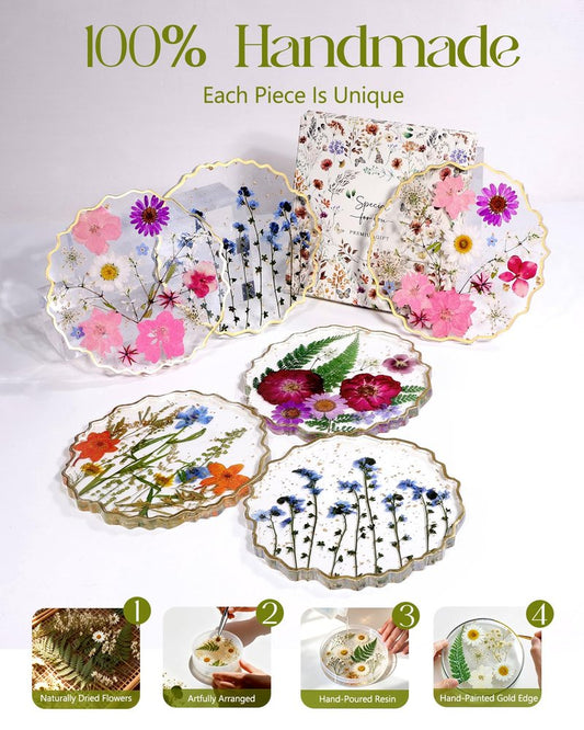 Oqplog Resin Drink Coaster for Desk Coffee Table-Pink White Cute Dried Flowers Cup Coaster for Work Office Home Outdoor Decor Gifts for Girls Women,1 Pcs Wave