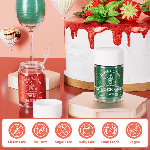 Cherrysea Edible Glitter for Drinks Cocktails Food Grade Edible Drink Shimmer Powder for DIY Champagne Beverages Wine 2 Colors Vegan Edible Luster Dust Set 4g/Bottle Gluten Free - Green+Red
