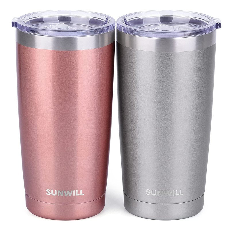 SUNWILL Travel Coffee Mug Set of 2, 20 oz Tumbler with Lid, Insulated Stainless Steel Cup for Water, Tea, Ice, Rose Gold & Cool Grey