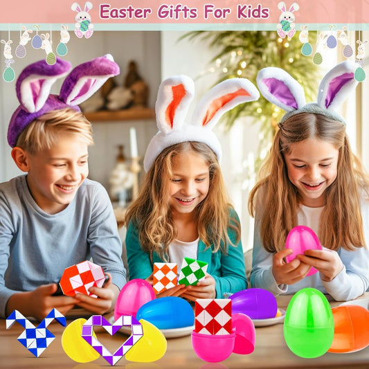12 Pack Filled Easter Eggs with Snake Cubes Twist Puzzle Toys, Easter Basket Stuffers Fillers Gifts Stress Relief Fidget Toys for Teens Kids Basket Essential Egg Hunt Party Favor Classroom Reward