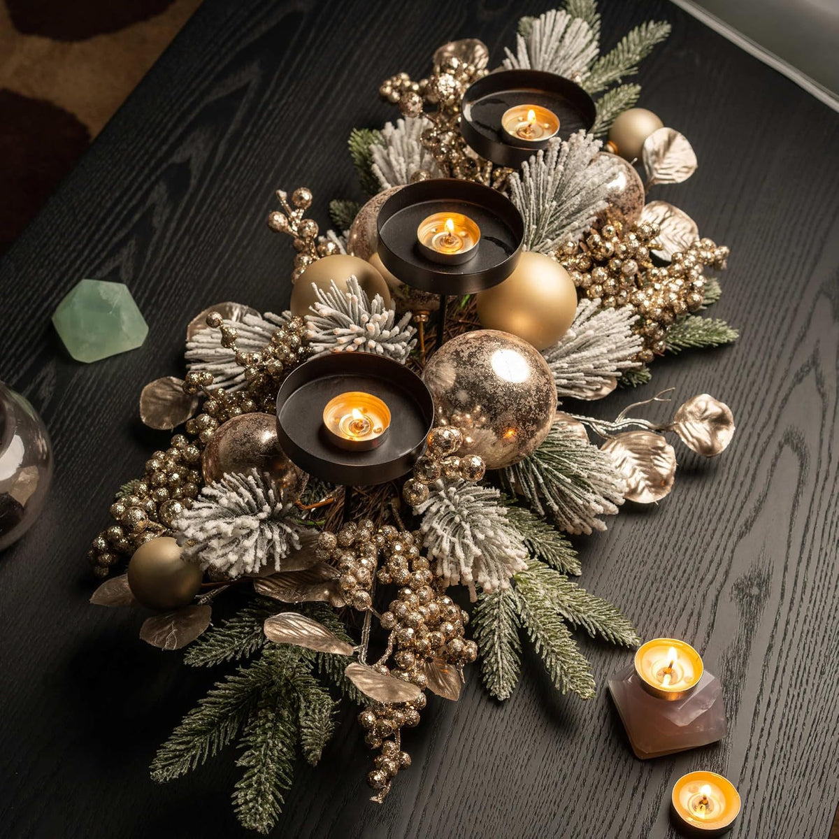 YULETIME 28" Christmas Triple Candelabrum - Elegant Holiday Candle Holder with Gold Baubles & Flocked Pine Needles