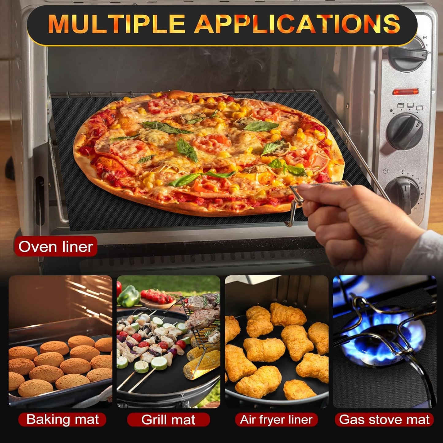 Skiennix Oven Liners - 2 Pack Heavy Duty Non-Stick Mats | 17"x25" Reusable & Heat Resistant, BPA/PFOA Free (Black)
