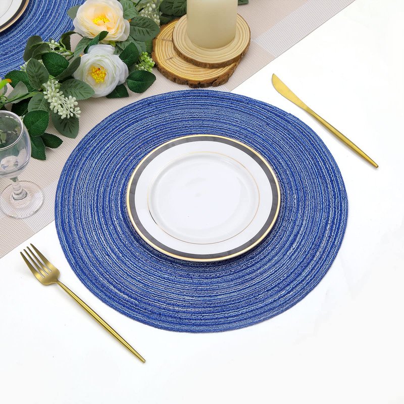 SHACOS Round Braided Placemats Set of 8 Round Table Mats for Dining Tables Washable Fabric Kitchen Table Place Mats (Blue White, 8)