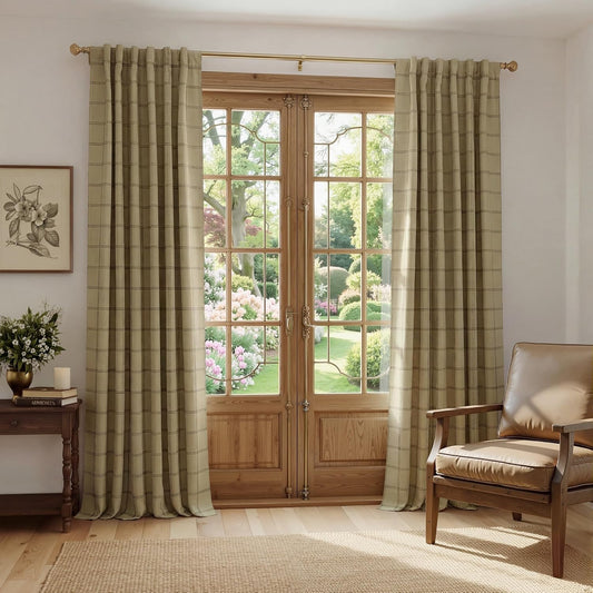 NICETOWN 100% Blackout Plaid Curtains - 84 Inch Long Thermal Insulated Drapes, 2 Panels Set, Burlap