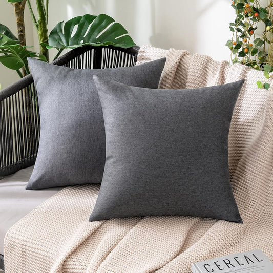 MIULEE Decorative Outdoor Throw Pillow Covers - Waterproof Faux Linen Cushion Cases | 18x18 Inch Dark Grey (Pack of 2)