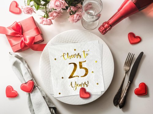Cheers to 25 Years Cocktail Napkins | Happy 25th Birthday Decorations for Men and Women and Wedding Anniversary Party Decorations | 50-Pack 3-Ply Napkins | 5 x 5 inch folded (White)