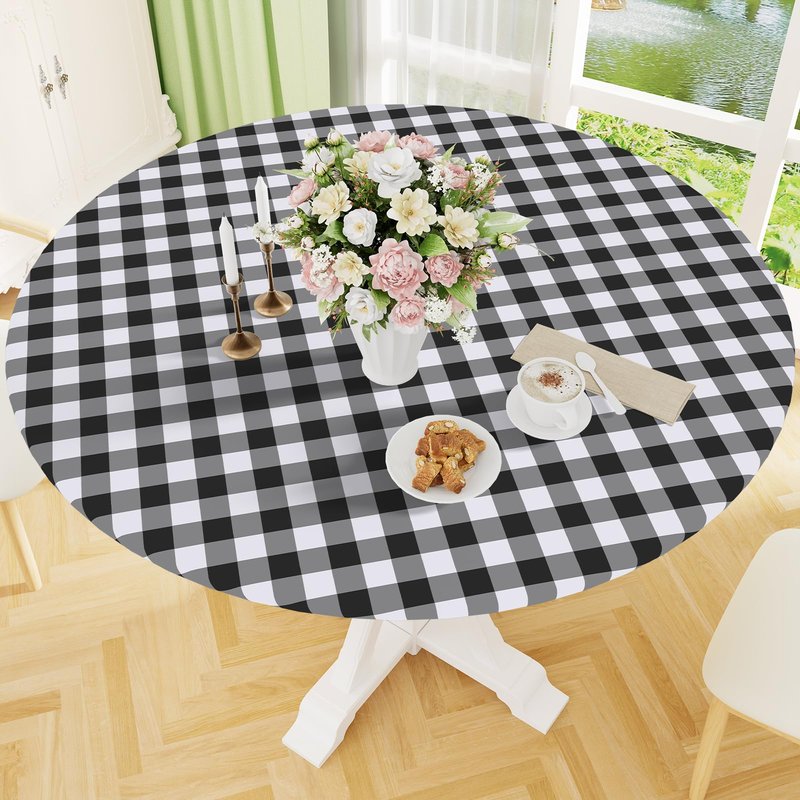 Smiry Round Picnic Tablecloth, Elastic Waterproof Fitted Vinyl Tablecloths for 36"-44" Tables, Flannel Backed Buffalo Plaid Table Cover for Dining, Camping, Outdoor, Black and White