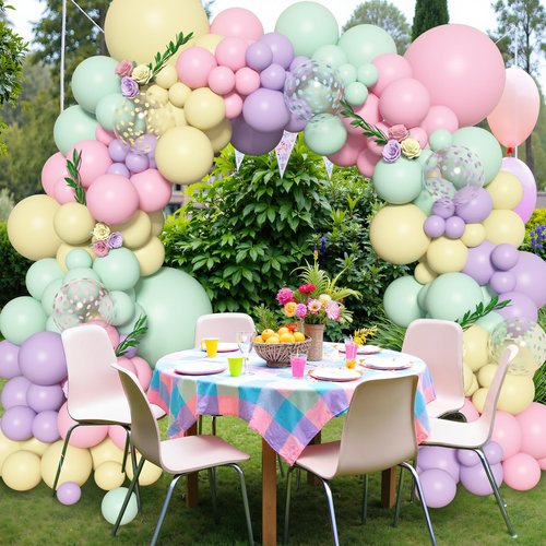 Amandir 153pcs Pastel Balloons Garland Arch Kit, Different Sizes 18 12 10 5inch Pastel Pink Yellow Green Purple Confetti Balloons for Bunny Hunt Spring Baby Shower Birthday Party Decorations