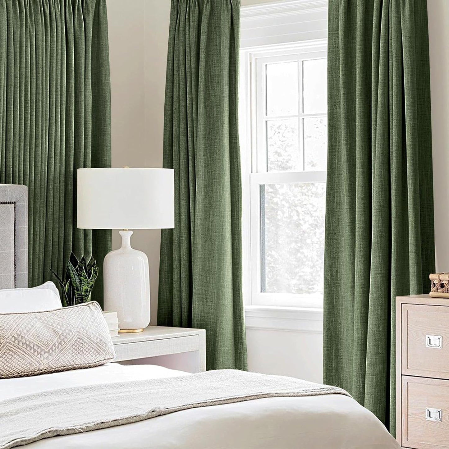 MIULEE Blackout Linen Textured Curtains - Thermal Insulated Olive Green Drapes | 52 x 96 Inch (2 Panels)