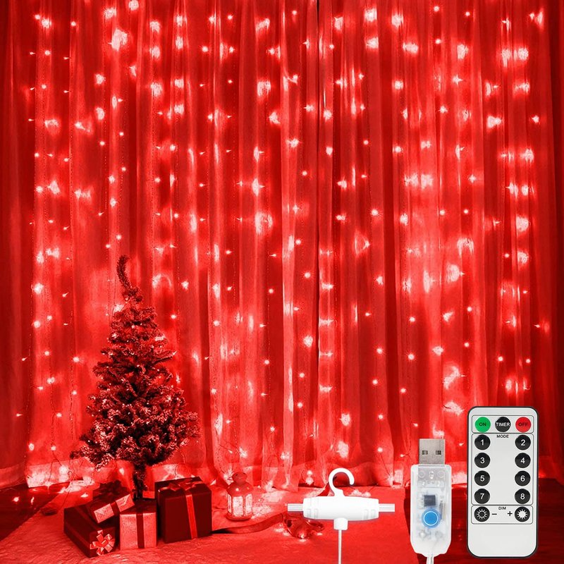 SUNNEST LED Curtain Lights Christmas, 300 LEDs 9.8FT x 9.8FT USB Curtain String Light with 8 Lighting Modes Wall Lights with Remote Control, Twinkle Light for Bedroom Decoration (Red)