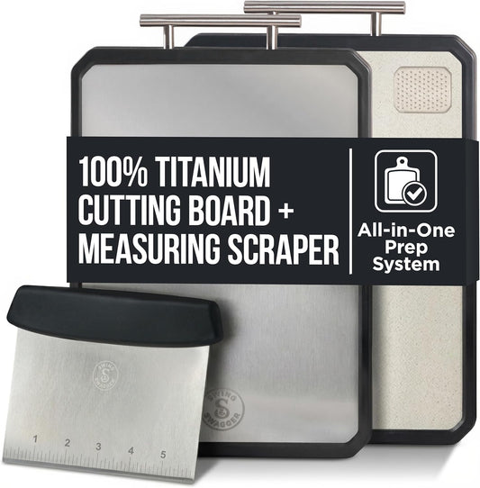 Titanium Cutting Board - Double-Sided Metal Design with Scraper | 16” x 11” Large Kitchen Prep Surface