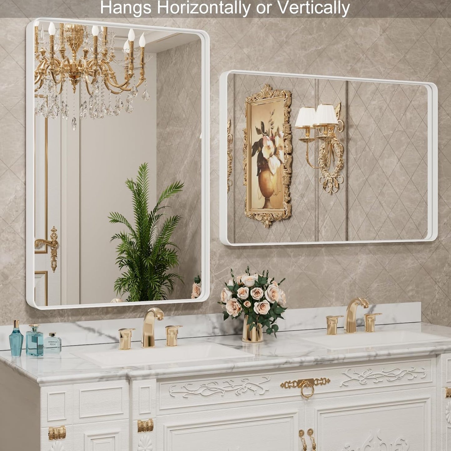 LOAAO Bathroom Mirror - 48x30 Inch White Metal Framed Rounded Rectangle | Anti-Rust Tempered Glass