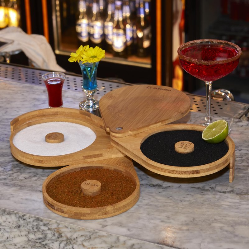 Sunziba Margarita Salt Rimmer Set | 3-Tier Bamboo Salt Rimmer for Cocktails | Bartender Accessories & Home Bar Gift | Complete Margarita Kit