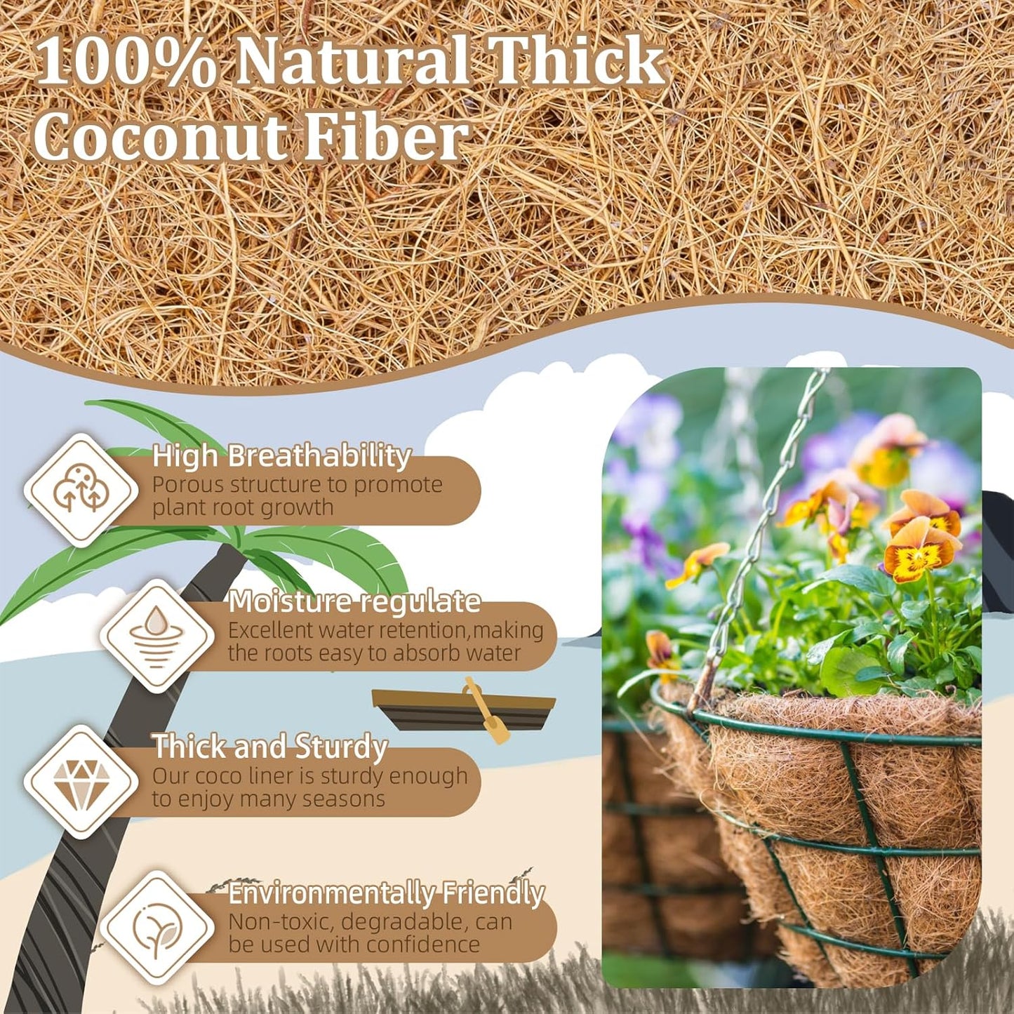 Legigo 14-Inch Coco Fiber Hanging Basket Liners - 4 Pack of 100% Natural Round Plant Liners