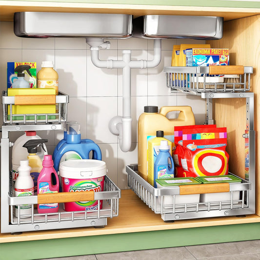 Under Sink Organizer by [Brand Name] - Stainless Steel 2-Tier Storage Solution for Kitchen & Bathroom