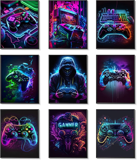 Ucninvd Game Posters - Neon Gaming Wall Art Set of 9 | Unframed 8x10" Canvas Prints for Gamer Room Decor