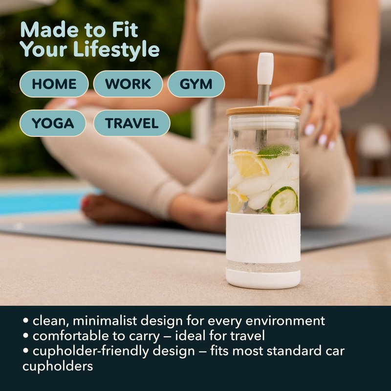 Pandaloo® Glass Cups With Lids and Straws -20 Fl Oz- Perfect Size Iced Coffee Cup - Smoothie Cup With Bamboo Lid and On the go Lid - Glass Tumbler With Straw (1 Count (Pack of 1), Amber Sand)