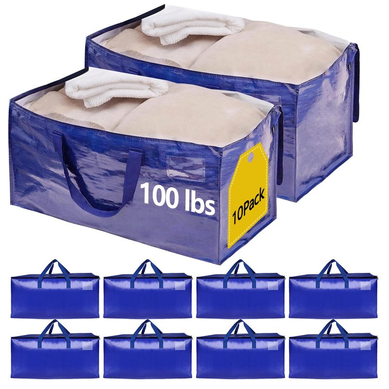 10 Pack Waterproof Moving Bags with Strong Zippers and Reinforced Handles, Real 100lb Capacity Extra Heavy Duty Large Storage Totes for Packing & Moving Storing, Alternative to Moving Boxes -95L,Blue