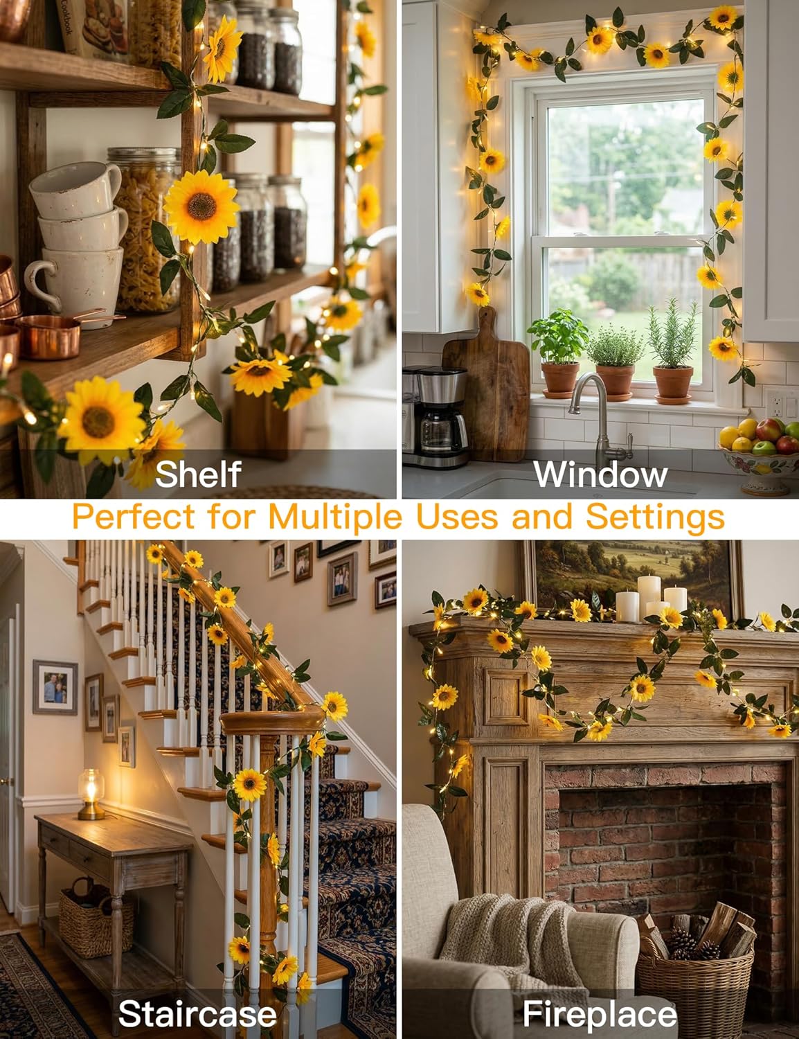 Suddus Artificial Sunflower Garland - 60 LED Fairy Lights | Battery Operated Indoor/Outdoor Decor (Warm White)