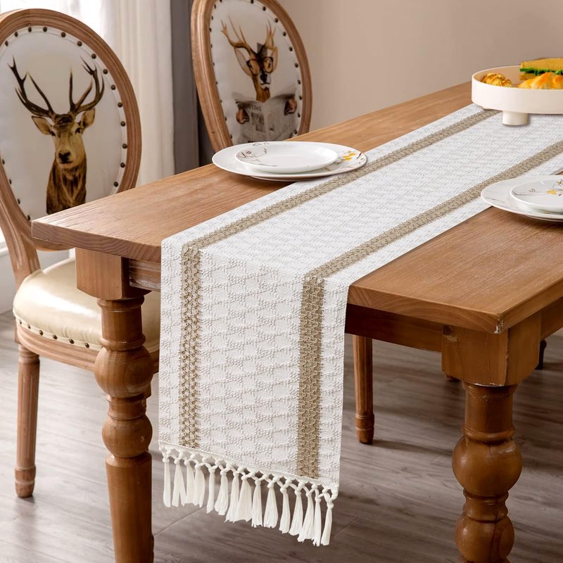 OTOSTAR Boho Table Runner with Tassels 108 Inches Long Farmhouse Rustic Table Runner Macrame Burlap Table Decoration for Home Decor Living Room Bridal Shower, Double Striped (12x108 Inches)