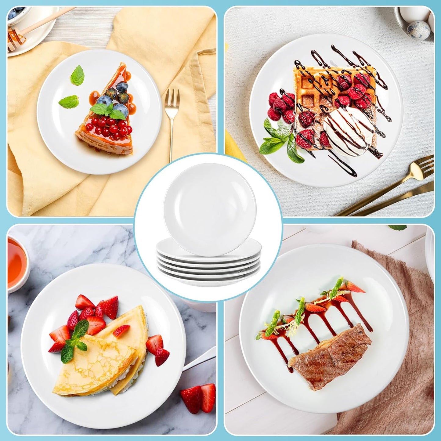 Skiennix 6-Piece Ceramic Dessert Plates Set - 7-Inch White Porcelain Salad & Appetizer Dishes | Microwave & Dishwasher Safe