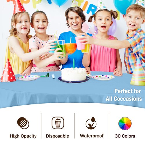 Exquisite Party Solids 6-Pack Premium Plastic Tablecloth 84in. Round Plastic Table Cover - Light Blue