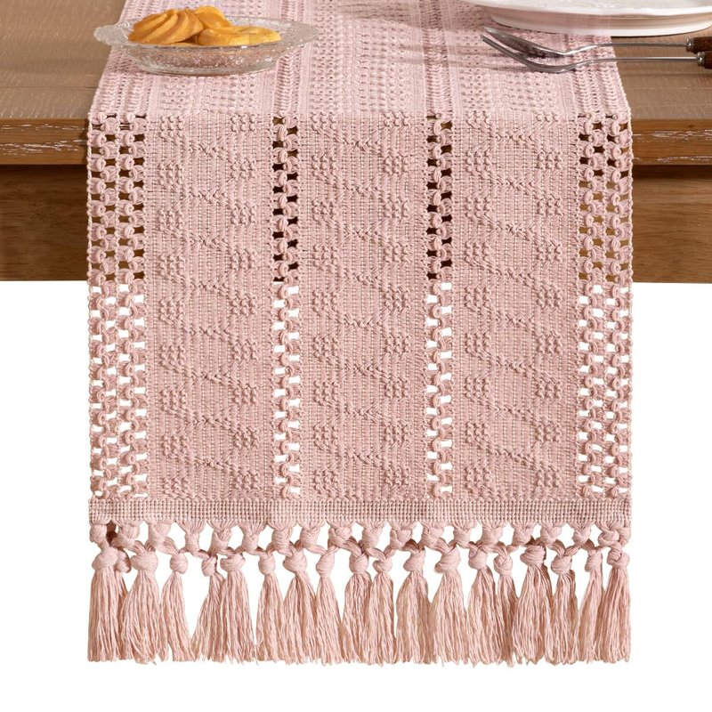 Socomi Boho Table Runner Summer Farmhouse Rustic Dining Kitchen Centerpiece Decor Small Macrame Woven Cotton Linen Coffee Table Runner for Dresser Scarf Home Decor 12x60 in Pink
