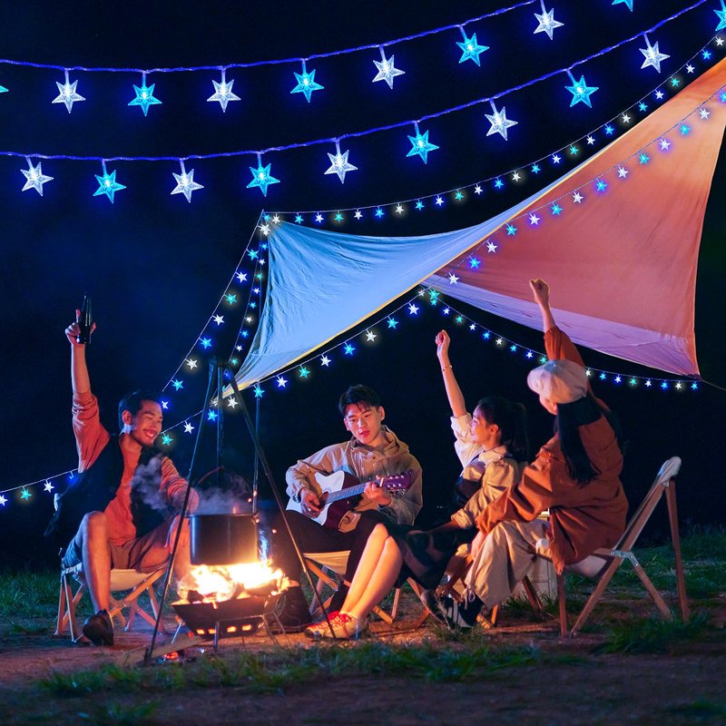Minetom Blue and White Star String Lights Plug in - 33 ft 100 LED Star Fairy String Lights with Remote and Timer, 8 Modes Waterproof for Tent Loft Bed Backyard Patio Balcony Staircase