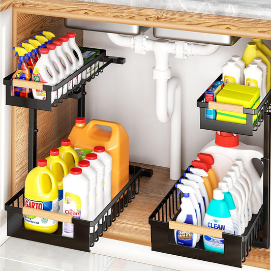 Under Sink Organizer - L-Shape 2-Tier Pull-Out Cabinet Storage Rack | Adjustable Height, Black, 2 Pack