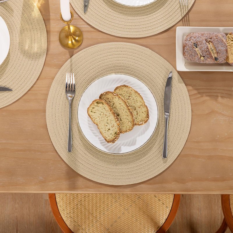 SHACOS 15 inch Round Braided Placemats Set of 6 Cotton Polyester Heat Resistant Table Mats Washable Place Mats for Dinner Party Table Decoration (Light Beige, 6)