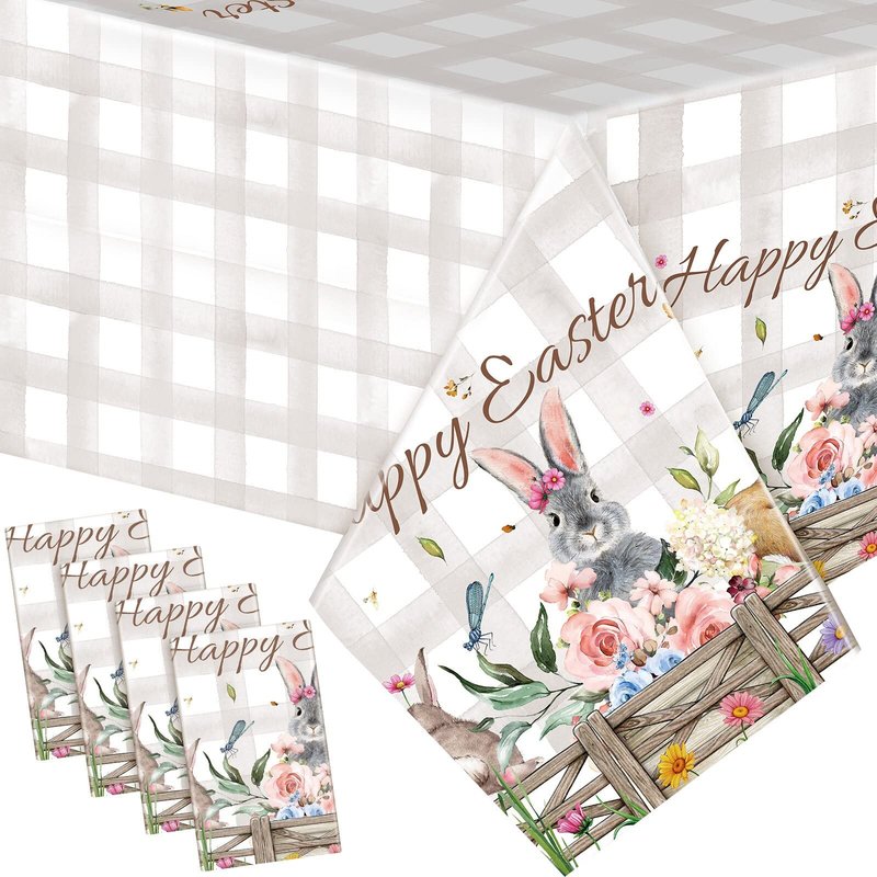 Patelai 4 Pcs 54 x 108 Inch Happy Easter Bunny Table Cloth Rectangle Plastic Easter Flowers Table Cover Spring Tablecloth Party Decorations for Home Picnic Dinner