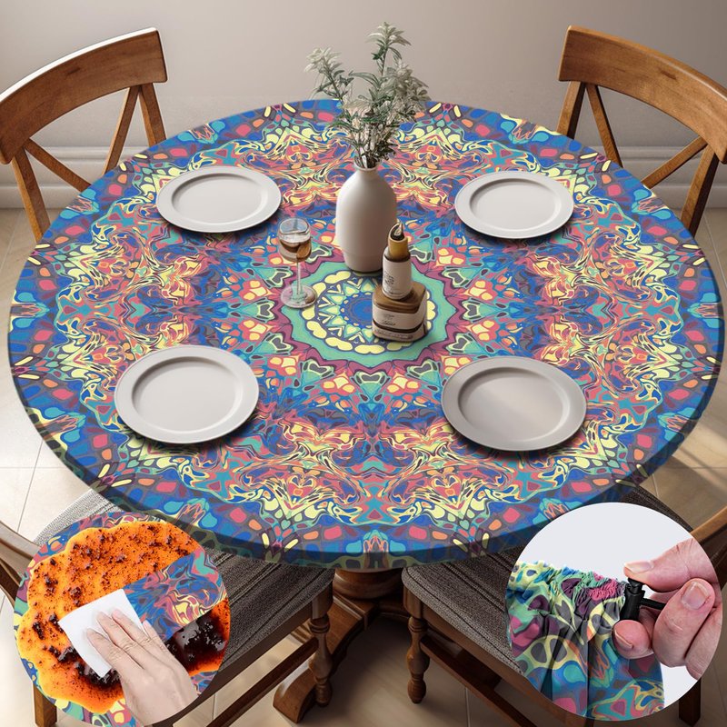 opstellen Round Tablecloth Waterproof Boho Fitted Vinyl Table Cloth Summer Fall Outdoor Circle Cover for 36-44" Tables Kitchen Dining Apartment Essentials Camping Picnic Party Decor Housewarming Gifts