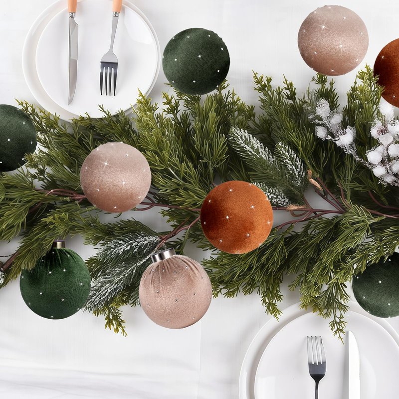 TonJin Christmas Tree Ornaments Velvet Balls 12 Pack, 3.15"/80mm Glitter Shatterproof Hanging Flocked Large Xmas Bulbs Decorations, Lightweight,Green Burnt Orange Neutral Holiday Party Home Decor