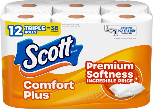 Scott ComfortPlus Toilet Paper - 12 Triple Rolls | 231 Sheets Each - Septic-Safe & Soft 1-Ply