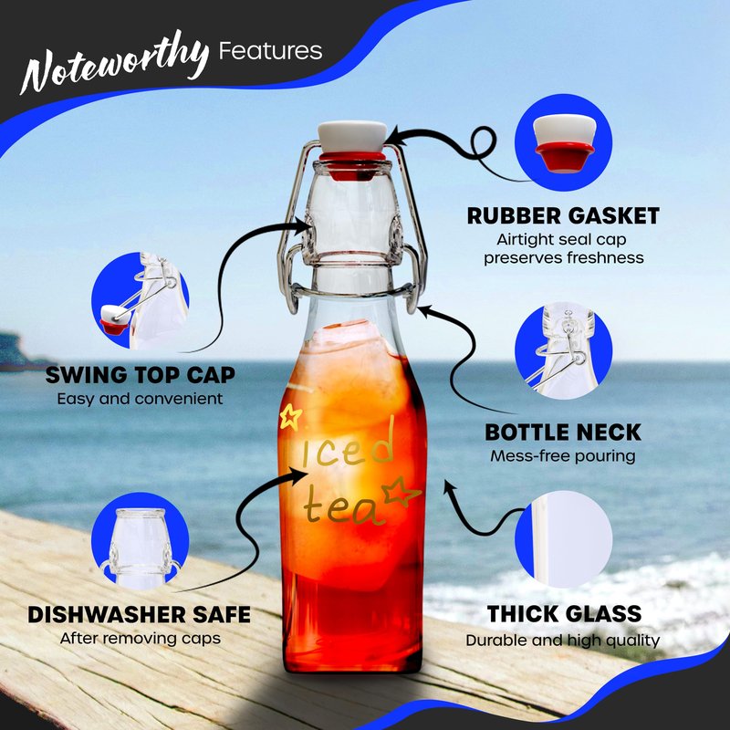 Nevlers 8.5 Oz Square Swing Top Glass Bottles with Stoppers | Flip Top Glass Bottle with Lid 6 Pack | Liquor Bottle Set w/Funnel, Brush & Marker | Water, Dressing & Homemade Vanilla Extract Bottles