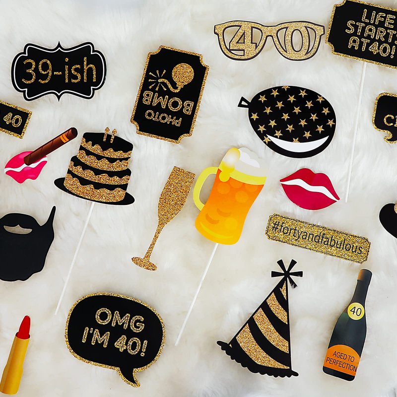 40th Birthday Photo Booth Props - 41 Pcs Black and Gold Decor, Funny Milestone Party Supplies for Men & Women, Retro 1986 Theme Selfie Station Accessories for Surprise Party, 40th Celebration Bash