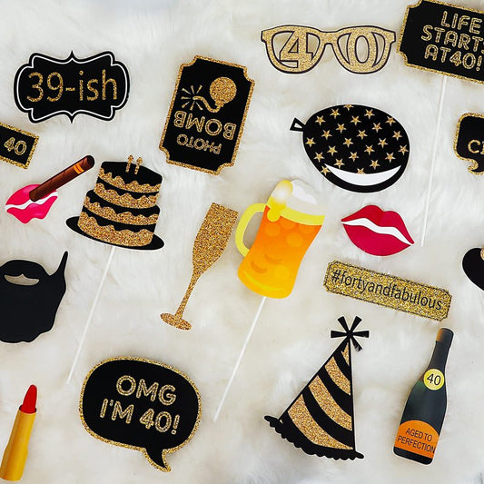 40th Birthday Photo Booth Props - 41 Pcs Black and Gold Decor, Funny Milestone Party Supplies for Men & Women, Retro 1986 Theme Selfie Station Accessories for Surprise Party, 40th Celebration Bash