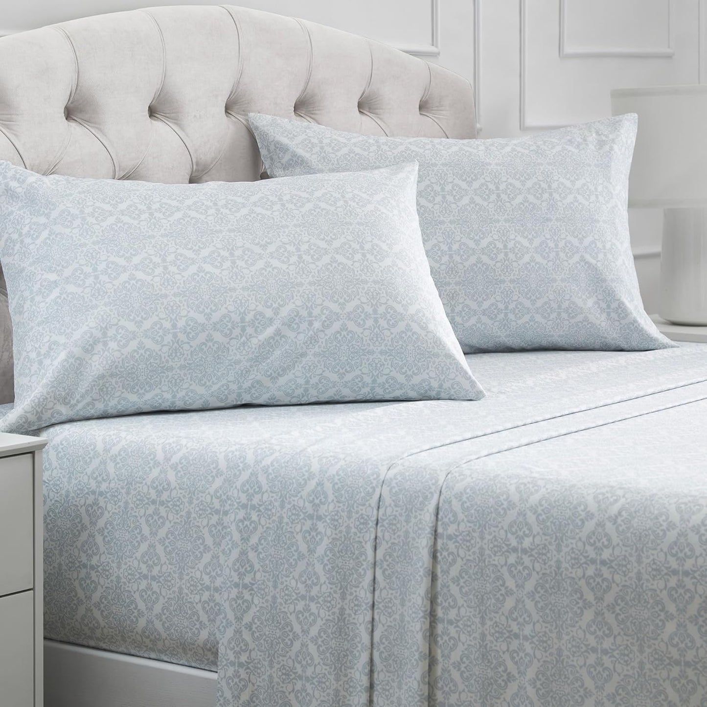Mellanni Queen Sheets Set - Luxury 4 PC Bedding Collection - Extra Soft, Cooling & Stain Resistant | Laced Sky Blue