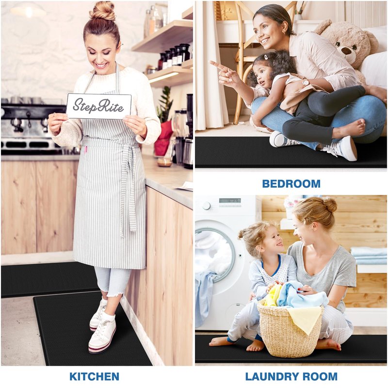 StepRite Kitchen Mats, 2PCS Kitchen Rugs, Cushioned Anti Fatigue Kitchen Mats for Floor, Non-Slip Standing Desk Mat, Waterproof Kitchen Rug Set for Kitchen, 20" x 32"+20" x 48"-0.4 inch Thick, Black