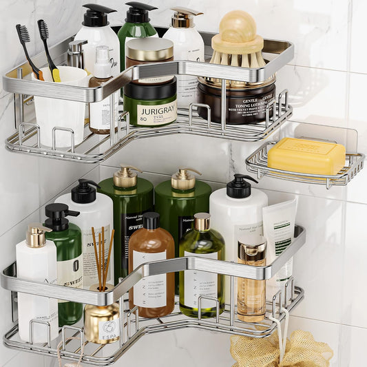 MAXIFFE X-Large Corner Shower Caddy - Sturdy Stainless Steel Organizer with Soap Holder | Easy Install, Silver