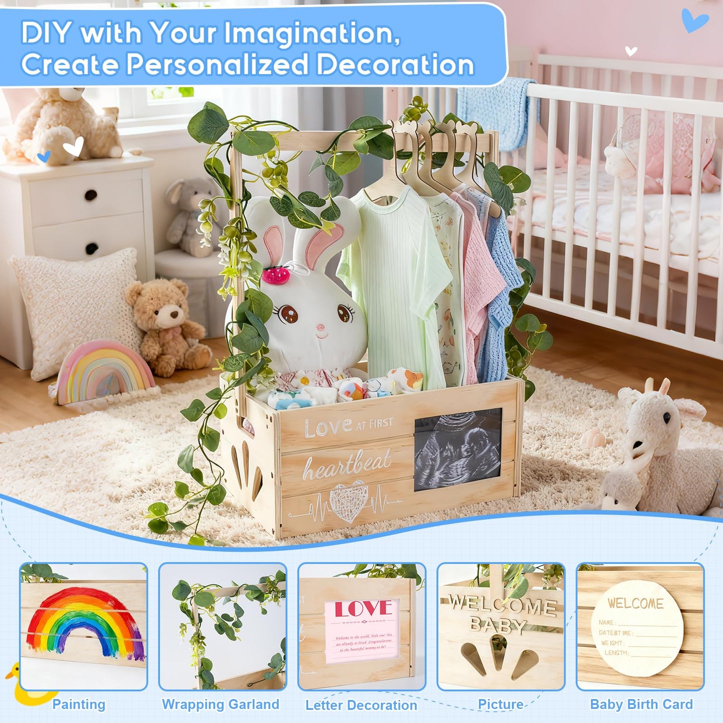 LLMQ Baby Gift Basket with Adjustable Handle, Thickened Wooden Baby Shower Crate Closet, Baby Shower Clothes Rack Storage Box, Larger Capacity Diaper Caddy Organizer (No Wreath)