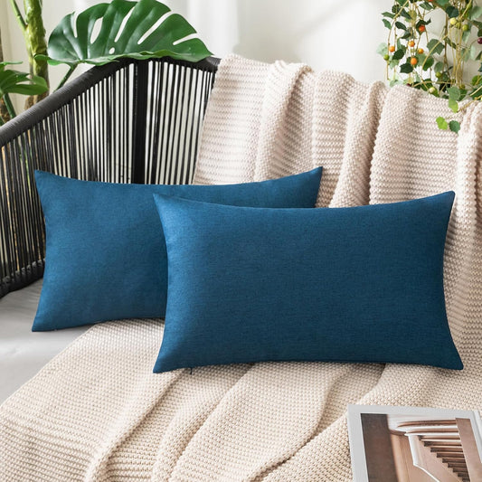 MIULEE Outdoor Waterproof Throw Pillow Covers - Pack of 2 Faux Linen Cushion Cases | 20x12 Inch Blue for Summer Patio