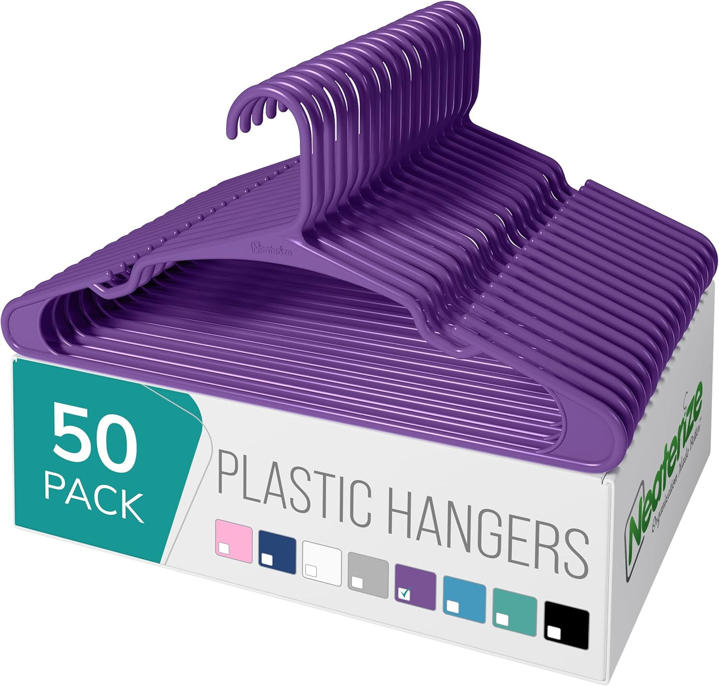 Neaterize Plastic Clothes Hangers - 50 Pack Space-Saving Adult Coat Hangers | Purple Color