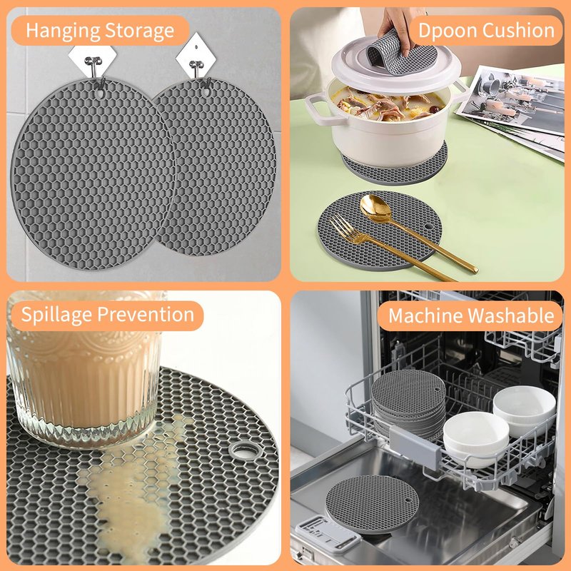 WYCWYQDR Silicone Trivet Mats, 4 Pack Trivets for Hot Dishes and Pans, Heat Resistant Non-Slip Trivet for Kitchen Countertop, Easy to Clean(Gray)