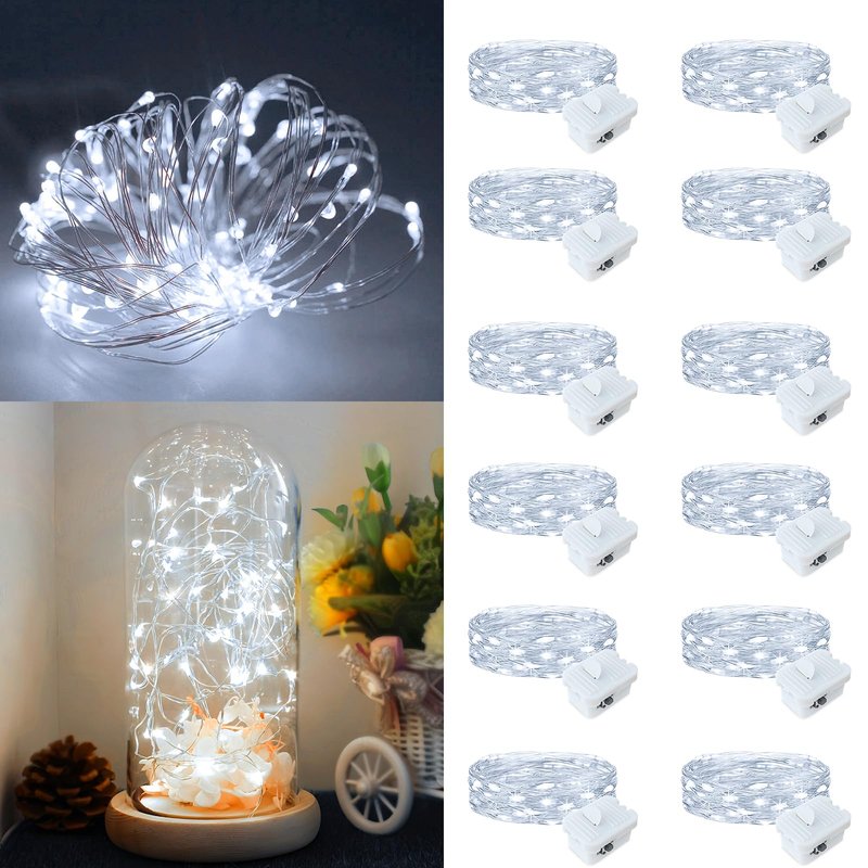 12Pack Fairy Lights Battery Operated, 7ft 20 LED 3 Modes Speed Twinkle Mini String Lights Waterproof Silver Wire Firefly Starry Lights for Mason Jars Wedding Party Christmas Decorations