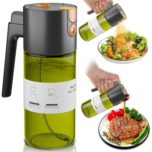 LAKUMIQI 2 in 1 Oil Sprayer for Cooking, 17oz Light-Blocking Glass Spray Bottle with Stickers, Oil Dispenser for Salad, Air Fryer & BBQ