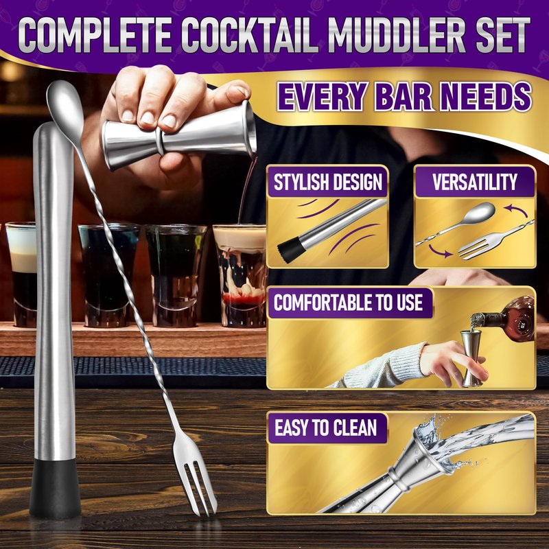 3 Pcs Muddler for Cocktails Set - Bar Muddler Tool with Sturdy Head, Versatile Cocktail Spoon & Jigger, Easy to Use & Clean, Stylish Rust-Resistant Stirring Tool - Bar Tools for Drinks Mixing