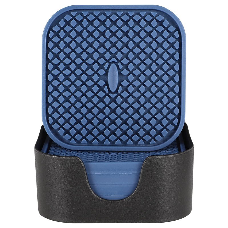 ME.FAN Silicone Coasters with Holder [6 Pack] Square Drink Cup Mat - Non-Slip, Non-stick, Stay Put, Deep Tray - Prevents Furniture and Tabletop Damages Nave Blue